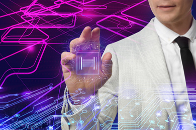 Multiple exposure of businessman touching chip, circuit board illustration and night cityscape, closeup