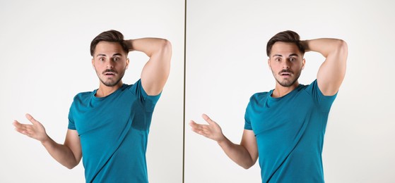 Man in t-shirt before and after using deodorant on white background