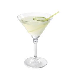 Glass of tasty martini with cucumber on white background