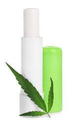 Hemp lipstick and green leaf on white background. Natural cosmetics