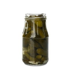 Jar of pickled cucumbers isolated on white