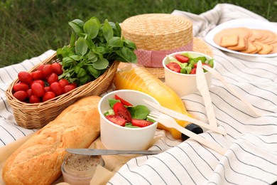 Photo of Picnic blanket with juice and food on green grass