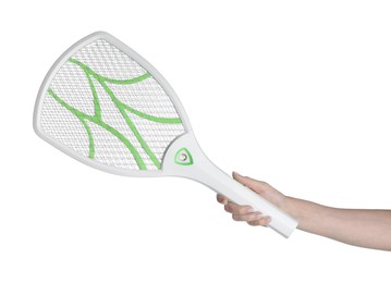 Photo of Man with electric fly swatter on white background, closeup. Insect killer