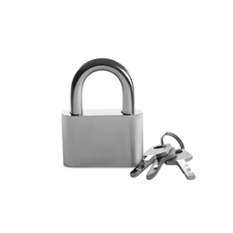 Steel padlock and keys isolated on white. Safety concept
