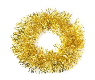Shiny golden tinsel isolated on white, top view