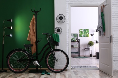 Stylish hallway with modern bicycle. Idea for interior decor
