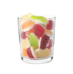 Delicious gummy candies in glass on white background