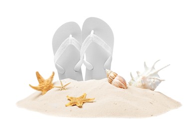 Bright flip flops in sand, starfishes and sea shells on white background