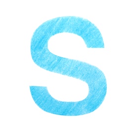 Photo of Letter S written with light blue pencil on white background, top view