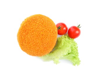 Uncooked breaded cutlets, tomatoes and lettuce on white background, top view. Freshly frozen semi-finished product