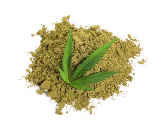 Pile of hemp protein powder and fresh leaf on white background, top view