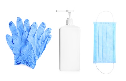 Medical gloves, antiseptic gel and protective mask on white background