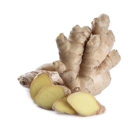 Whole and cut fresh ginger isolated on white
