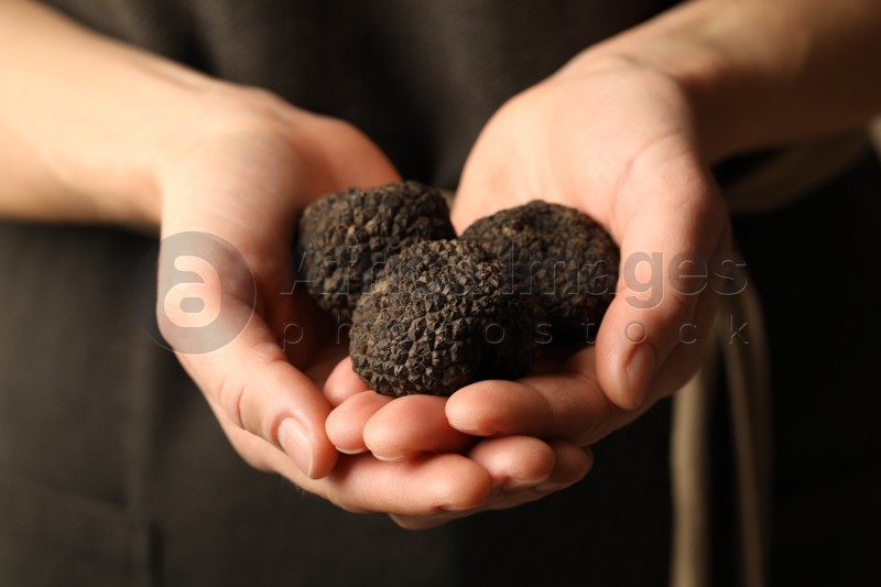Woman holding heap of black truffles in hands, closeup