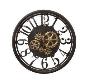 Stylish wall clock with gears isolated on white