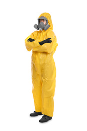 Woman wearing chemical protective suit on white background. Virus research