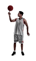 Silhouette of basketball player spinning ball on finger against white background