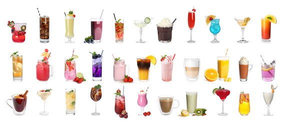 Image of Set with different refreshing summer beverages on white background