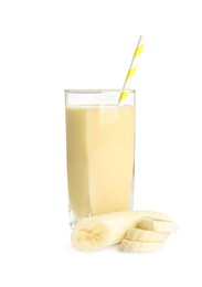 Photo of Glass of tasty banana smoothie and fresh fruit on white background