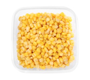 Fresh corn kernels in plastic container isolated on white, top view