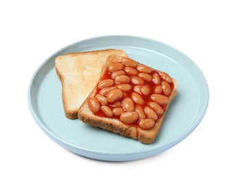 Delicious bread slices with baked beans on white background