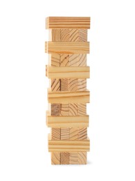 Jenga tower made of wooden blocks on white background. Board game