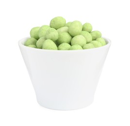 Tasty wasabi coated peanuts in bowl on white background