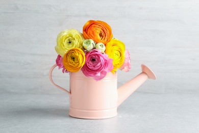 Beautiful ranunculus flowers in watering can on table