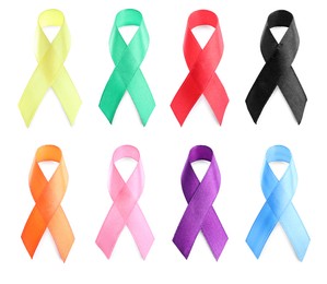 Collection of different color ribbons on white background. World Cancer Day