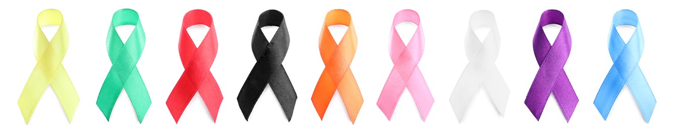 Collection of different color ribbons on white background, banner design. World Cancer Day