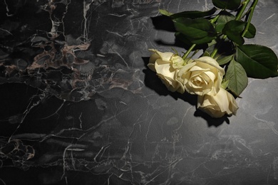 Beautiful white roses on grey background, top view. Funeral symbol