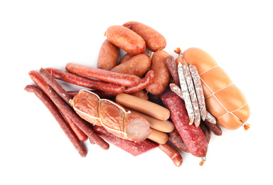 Different tasty sausages on white background. Meat product