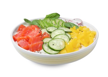 Delicious poke bowl with salmon and vegetables isolated on white