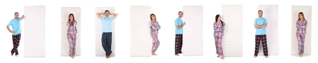 Collage with photos of people and mattresses on white background. Banner design
