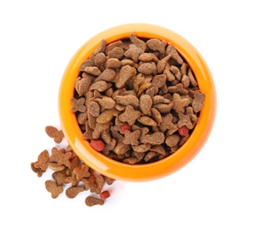 Photo of Bowl of dry pet food on white background, top view