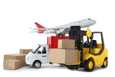 Different logistics transport with boxes isolated on white. Wholesale concept