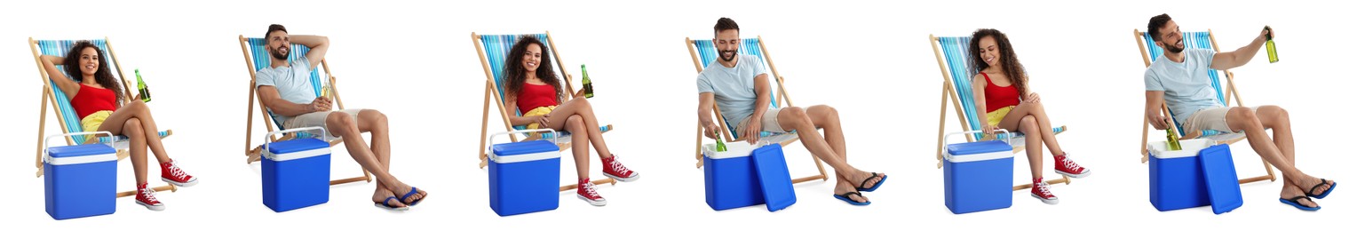 Collage with photos of people resting in deck chairs near cool boxes on white background. Banner design