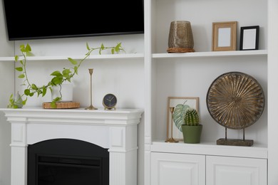 Photo of Stylish shelves with different decor elements, fireplace and TV set in room. Interior design