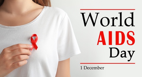 World AIDS Day poster. Woman with red awareness ribbon and text on light background, closeup