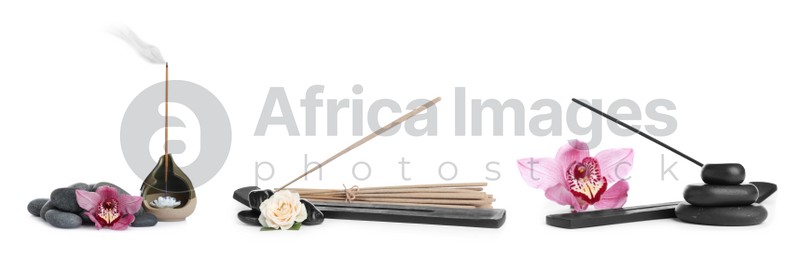 Set with aromatic incense sticks on white background. Banner design