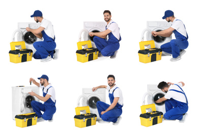 Image of Collage with photos of plumber on white background