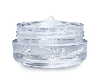 Jar of transparent cosmetic gel on light background