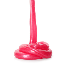 Photo of Flowing red slime on white background. Antistress toy