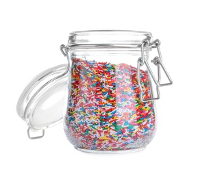 Colorful sprinkles in glass jar on white background. Confectionery decor