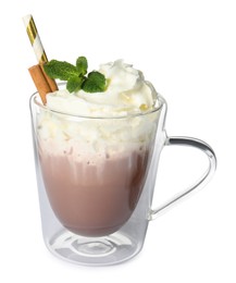 Glass cup of delicious hot chocolate with whipped cream and mint on white background