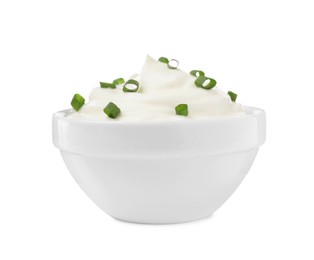 Delicious sour cream with onion in bowl on white background