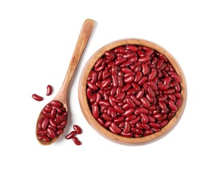Raw red kidney beans with wooden bowl and spoon isolated on white, top view