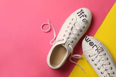 Stylish shoes on color background, flat lay with space for text. Life work balance concept