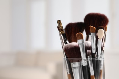 Photo of Set of professional brushes against blurred background, closeup. Space for text