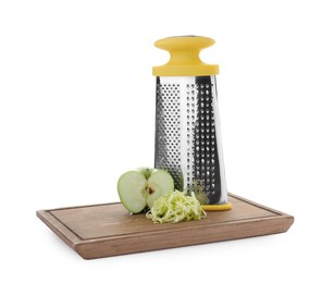 Stainless steel grater and fresh apple on white background